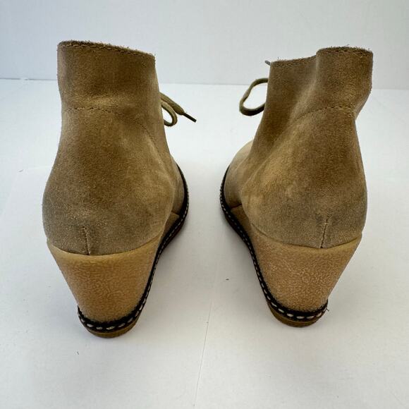 J. Crew Tan Suede Leather Made in Italy Lace Up Wedge Heel Booties Sz 7 Preppy - Picture 10 of 11